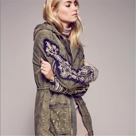 Free People Golden Quills Embroidered Olive Green Military Jacket - Picture 3 of 5